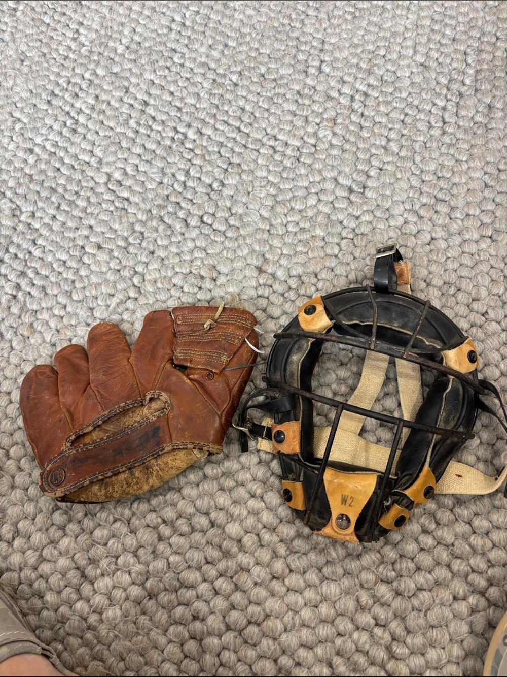 Vintage Brown Leather Baseball Glove and Catcher's Face Mask